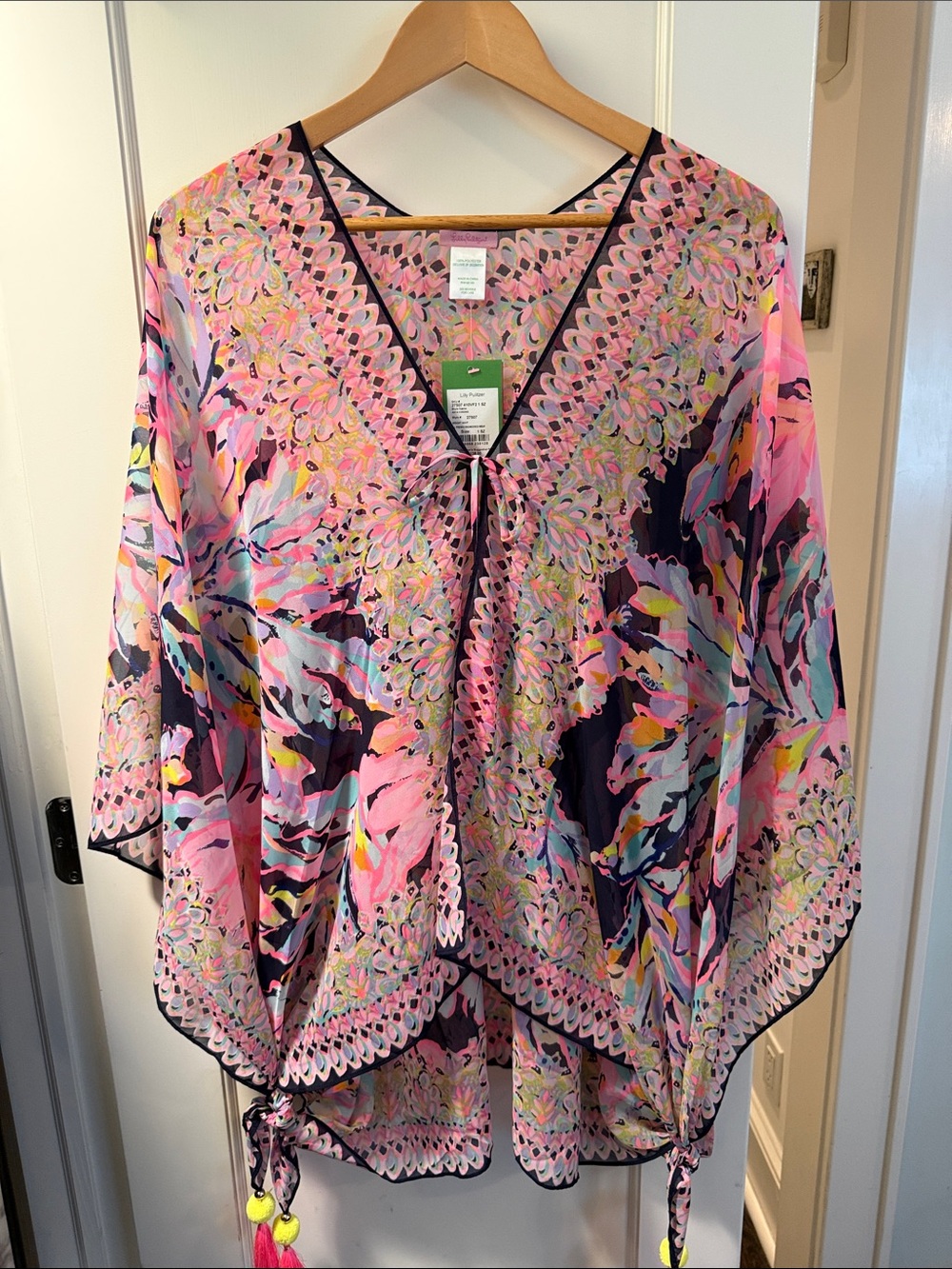 Lilly Pulitzer Sheer Colorful Floral Tie-Front Wrap with pompom and tassel ties
